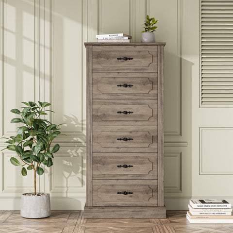 Homfa 6 Drawer Bedroom Dresser, 51''H Tall Vintage Wood Storage Cabinet Chest for Living Room, Wash Gray
