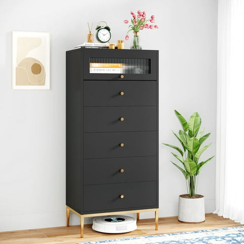 Homfa 6 Drawer Black Gold Dresser, 55.1" Tall Chest of Drawers with Glass Doors, Wood Storage Cabinet for Bedroom Living Room