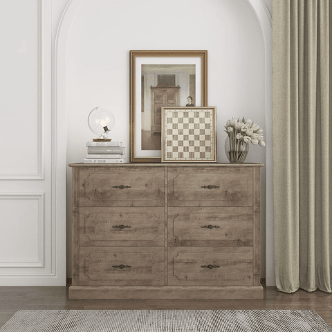 Homfa 6 Drawer Double Bedroom Dresser, Vintage Wood Storage Cabinet Chest for Living Room, Wash Gray