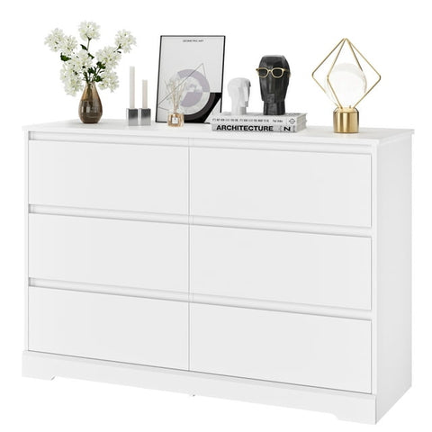 Homfa 6 Drawer Double Dresser, 47.2'' Wood Storage Side Cabinet Chest of Drawer for Bedroom Living Room, White