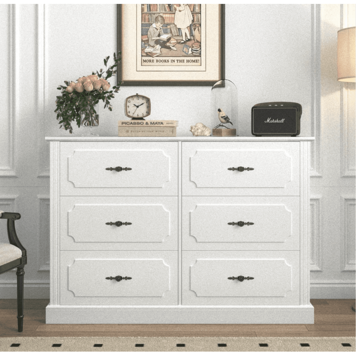 Homfa 6 Drawer Double White Dresser for Bedroom, 47'' W Retro Wood Sto ...