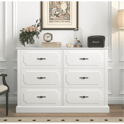 Homfa 6 Drawer Double White Dresser for Bedroom, 47'' W Retro Wood Storage Cabinet Chest for Living Room