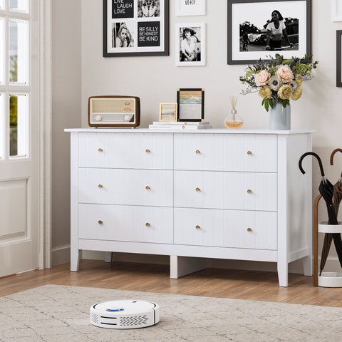 Homfa 6 Drawer Double White Dresser for Bedroom, Chest of Drawer Modern Storage Cabinet for Entryway Living Room