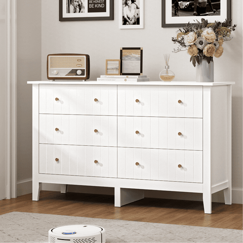 Homfa 6 Drawer Double White Dresser for Bedroom, Modern Wood Dresser Storage Cabinet for Living Room