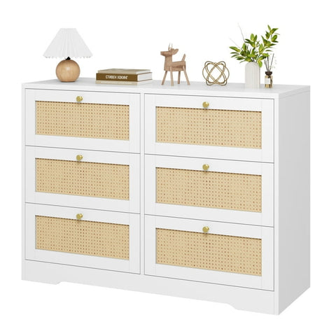 Homfa 6 Drawer Rattan Double Dresser, Wood Storage Cabinet with Metal Handles for Bedroom, White