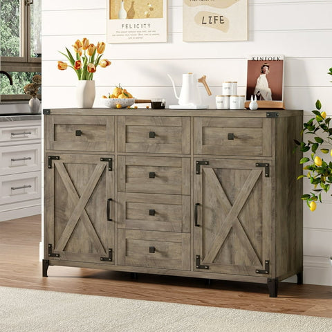 Homfa 6-Drawers Wood Sideboard, Kitchen Storage Cabinet with Adjustable Shelves for Dining Room, Gray
