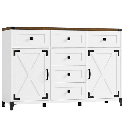 Homfa 6-Drawers Wood Sideboard, Kitchen Storage Cabinet with Adjustable Shelves for Dining Room, White