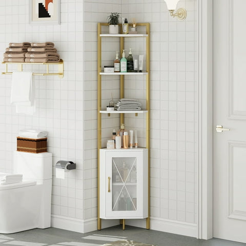 Homfa 6-Tier Bathroom Corner Shelf, Freestanding Corner Open Rack with Door, White