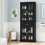 Homfa 71''Bathroom Linen Cabinet with 4 Glass Doors, Wood Tall Food Pantry Cabinet with Adjustable Shelves for Kitchen, Black