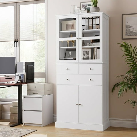 Homfa 71" Wood Bookcases with Glass Doors and 3 Drawers, Modern White Display Cabinet for Living Room, Office