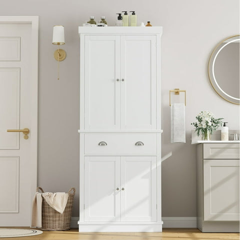Homfa 72.4" Tall Bathroom Storage Cabinet with Drawer, 4 Door Modern Freestanding Floor Cabinet, White