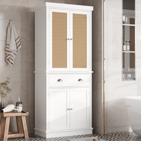Homfa 72.4" Tall Bathroom Storage Cabinet with Drawer, 4 Rattan Door Modern Freestanding Floor Cabinet, White