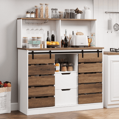 Homfa Farmhouse Kitchen Buffet Sideboard with Sliding Barn Door, White Coffee Bar Cabinet with Hutch for Dining Room Living Room