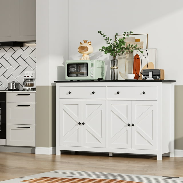 Homfa Sideboard Homfa Farmhouse Kitchen Sideboard, 4-Doors 2-Drawers Wood Buffet Cabin ...
