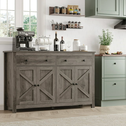 Homfa Farmhouse Kitchen Sideboard, 4-Doors 2-Drawers Wood Buffet Cabinet with Adjustable Shelves, Gray