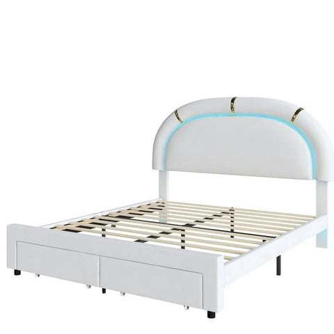 Homfa Full Size LED Bed Frame with 2 Storage Drawer, Modern PU Leather Upholstered Platform Bed with Arched Headboard, White