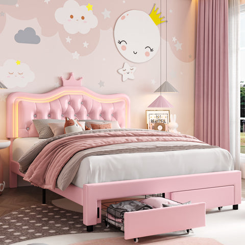 Homfa Full Size LED Bed Frame with Storage Drawers, PU Leather Crown Platform Bed with Crystal Tufted Upholstered Adjustable Headboard, Pink