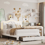 Homfa Full Size LED Bed Frame with Storage Drawers, PU Leather Crown Platform Bed with Crystal Tufted Upholstered Adjustable Headboard, White