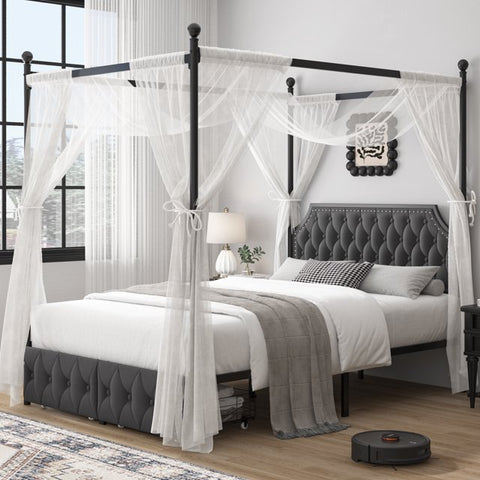 Homfa Full Size Removable Canopy Bed Frame, 2 Storage Drawers Metal Platform Bed with Button Tufted Upholstered Headboard, Canopy Bed Curtain Not Included, Dark Gray