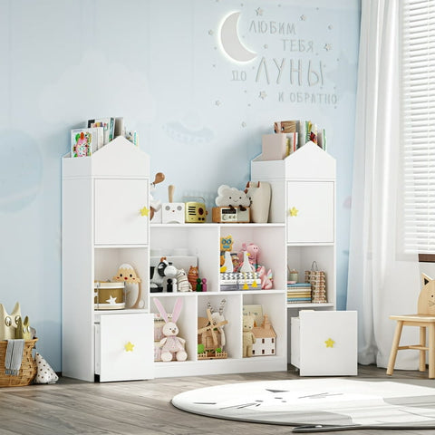 Homfa Kid's Cubby Toy Storage Cabinet with Book Rack & Drawer, Wood Children's White Bookcase, Toy Organizer for Nursery Bedroom Living Room