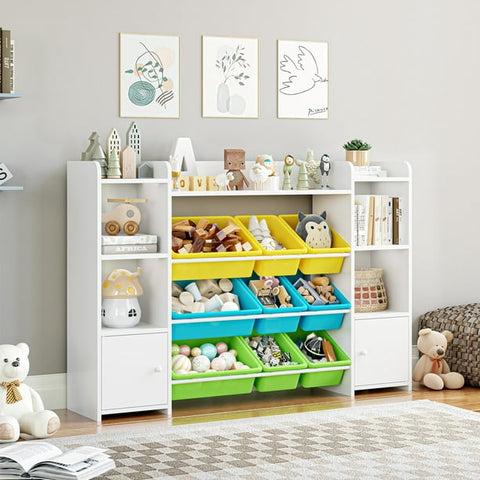 Homfa Kids Bookcase with 9 Bins, White Toy Cubby Storage Organizer Bookshelf with 2 Door for Kids Room Playroom Organization