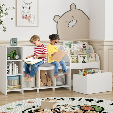 Homfa Kids Bookshelf with Reading Nook, 6 Shelf Bookcase with 1 Wood Toy Bin with 3 Tier Book Rack for Children Kidsroom