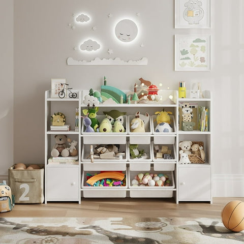 Homfa Kids Toy Organization Cubby Bookcase with 9 Bins, 2 Door White Storage Organizer Bookshelf for Children Room Playroom