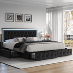 Homfa Queen LED Bed, 9 Colors LED Lights Platform Bed Frame with 4 Storage Drawers, Adjustable Upholstered Headboard with Button Tufted, PU Black