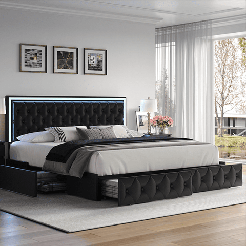 Homfa Queen LED Bed, 9 Colors LED Lights Platform Bed Frame with 4 Storage Drawers, Adjustable Upholstered Headboard with Button Tufted, PU Black