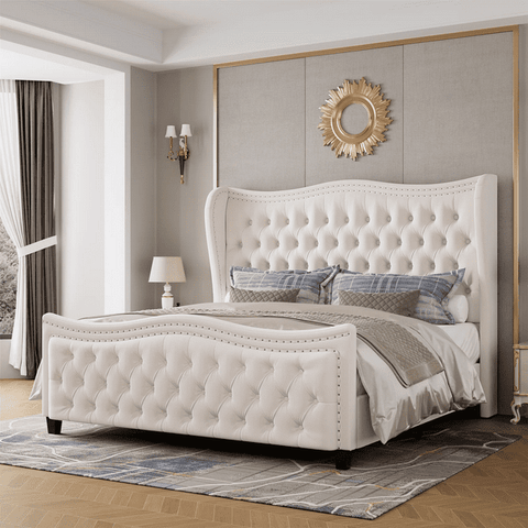Homfa King Size Bed Frame, Modern Velvet Tufted Upholstered Platform Bed with Rivetts Button High Wingback Headboard, Beige