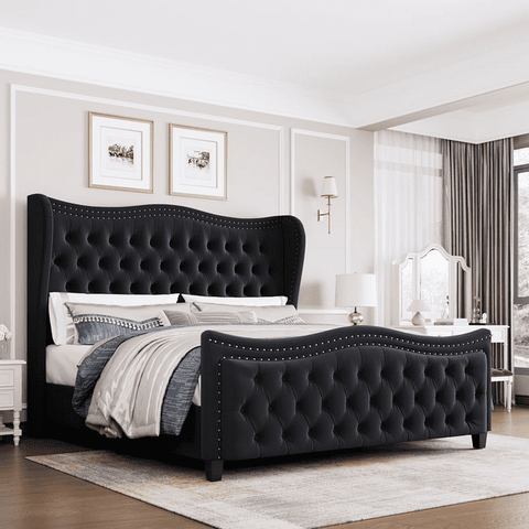 Homfa King Size Bed Frame, Modern Velvet Tufted Upholstered Platform Bed with Rivetts Button High Wingback Headboard, Black