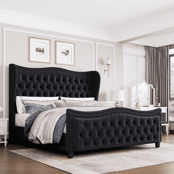 Homfa King Size Bed Frame Modern Velvet Tufted Upholstered Platform B myhomfa