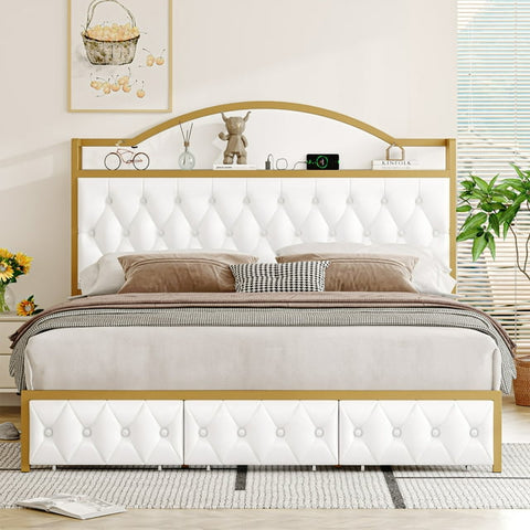Homfa King Size Bed with Charging and 3 Storage Drawers, Modern PU Leather Upholstered Platform Bed, White and Gold