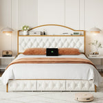 Homfa King Size Bed with Charging and 3 Storage Drawers, Modern Velvet Upholstered Platform Bed, Off White and Gold