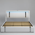 Homfa Full Size LED Bed Frame with 2 Storage Drawers, Modern Leather Upholstered Platform Bed Frame with Adjustable Headboard, White