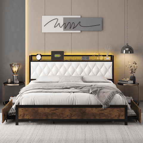 Homfa Full Size LED Bed Frame with 4 Storage Drawers, Modern Leather Button Upholstered Display Platform Bed Frame with Outlets and USB Ports, White