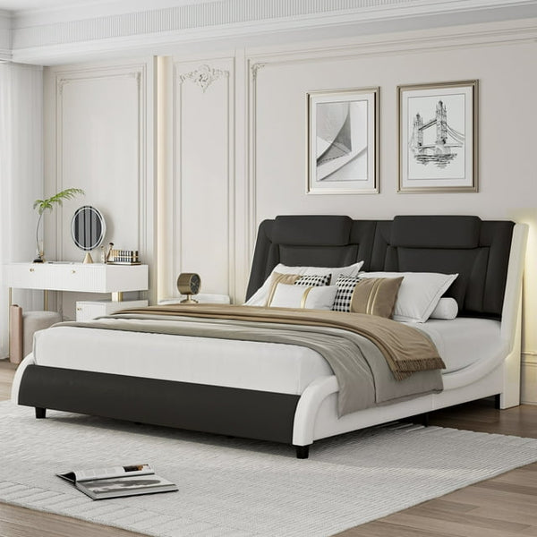 Homfa King Size LED Bed Frame with Pillow PU Leather Curved Upholstered Platform Bed with Adjustable Headboard Black White