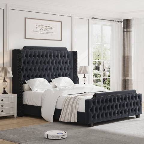 Homfa King Size Upholstered Bed with 53.9" Tall Headboard, Button Tufted Bed Frame, Black