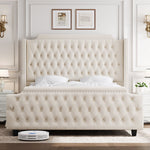 Homfa King Size Upholstered Bed with 53.9" Tall Headboard, Button Tufted Bed Frame, Off-White