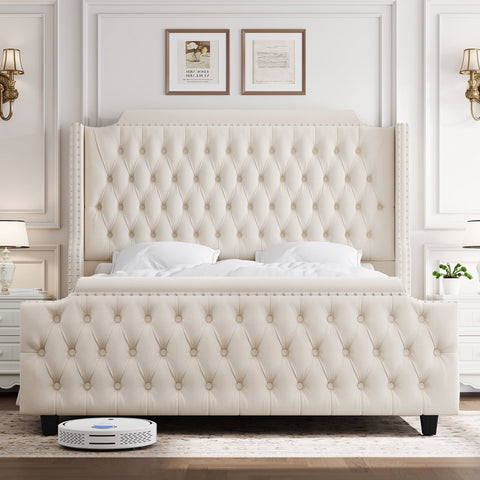 Homfa King Size Upholstered Bed with 53.9" Tall Headboard, Button Tufted Bed Frame, Off-White