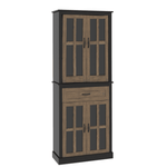 Homfa Kitchen Pantry Cabinet,Large Central Drawer Storage Cabinet with Glass Doors and Adjustable Shelves for Dinning Room Living Room, Black and Oak