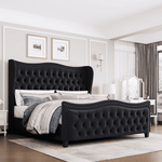 Homfa Queen Size Bed Frame, Modern Velvet Tufted Upholstered Platform Bed with Rivetts Button High Wingback Headboard, Black