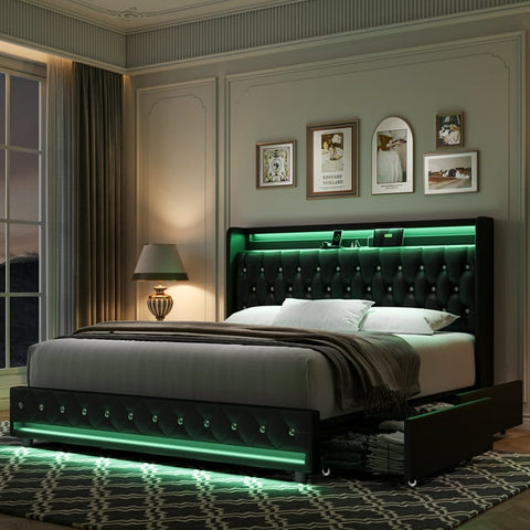 Homfa Queen Size LED Bed Frame with 4 Storage Drawers, Modern Wingback PU Leather Crystal Button Upholstered Platform Bed Frame with Outlets and USB Ports & Display Platform, Black