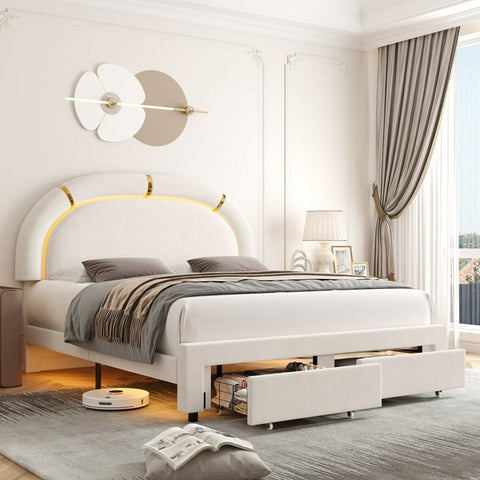 Homfa Queen Size LED Bed Frame with 2 Storage Drawer, Modern Velvet Tufted Upholstered Platform Bed with Arched Headboard for Bedroom, Beige