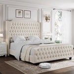 Homfa Queen Size Upholstered Bed with 53.9" Tall Headboard, Button Tufted Bed Frame, Off-White