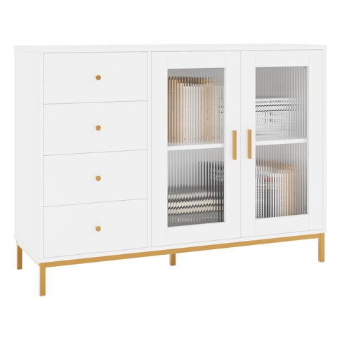 Homfa White Modern Accent Cabinets with Glass Door, 47.2"W 4 Drawer Storage Cabinet, Wooden Cupboard for Living Room Entryway