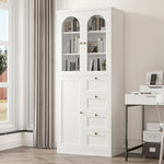 Homfa White Pantry Cabinet with 4 Drawers, Glass Doors Storage Cabinet with Adjustable Shelves for Kitchen & Dinning Room & Living Room