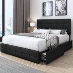 Homfa Modern and Contemporary Black PU Leather Upholstered 4-Drawer Storage Platform Bed, Multiple Sizes