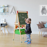 Wooden Kids Easel W/ Paper Roll Double Side And Magnetic Whiteboard/Chalkboard