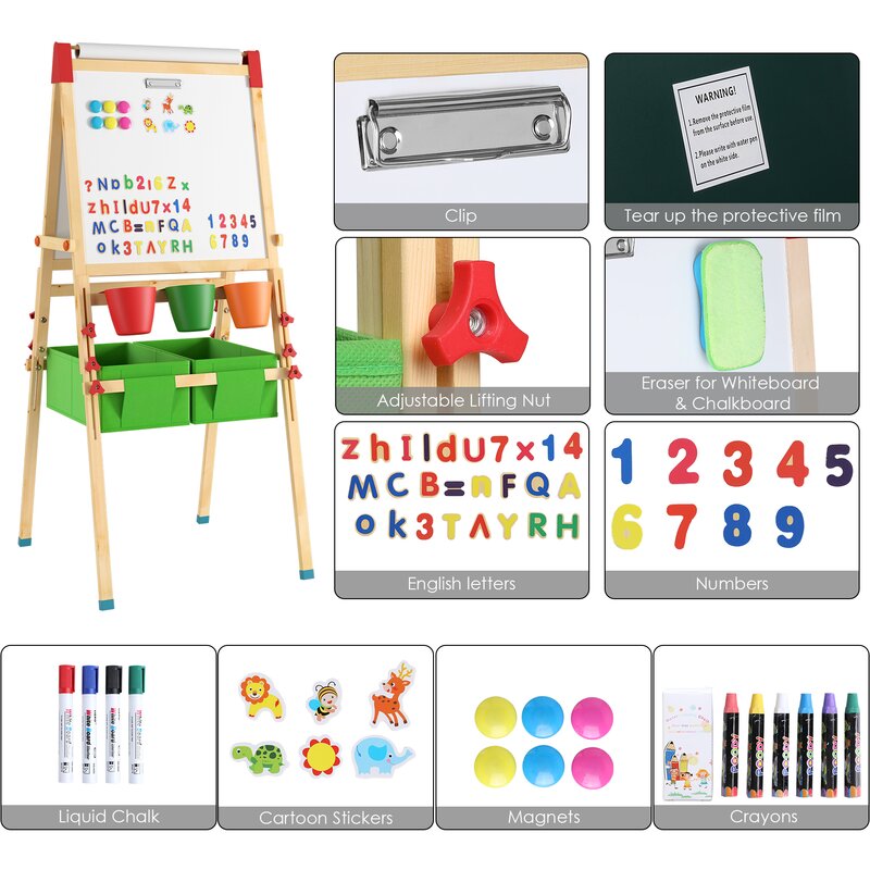 Kids Easel with Paper Roll Adjustable Double-Sided Whiteboard & Chalkboard  St